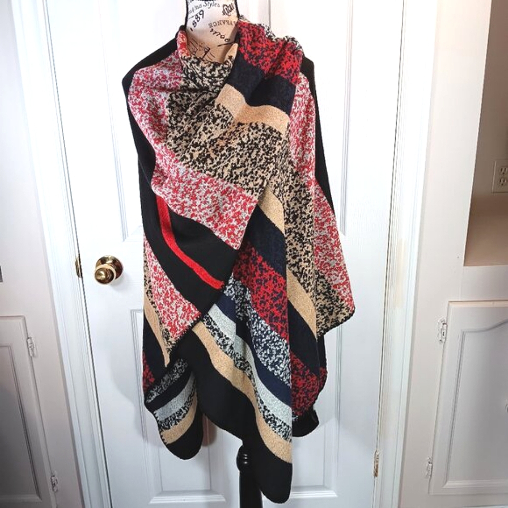 NWOT Women's Multi-Color Knit Wrap Shawl Red Navy Blue Black Tan OS